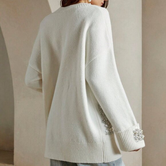 White Casual Women's Sequin & Faux Pearl Embellished Sweater Cardigan - Picture 3 of 6